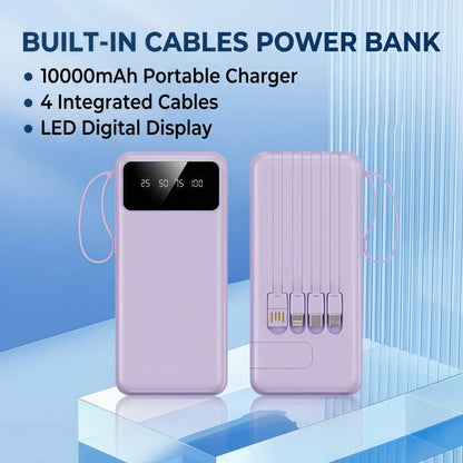 Portable Power Bank 10000mAh with Built-in Cables – 27W PD Fast Charging Travel Battery Pack with Digital LED Display