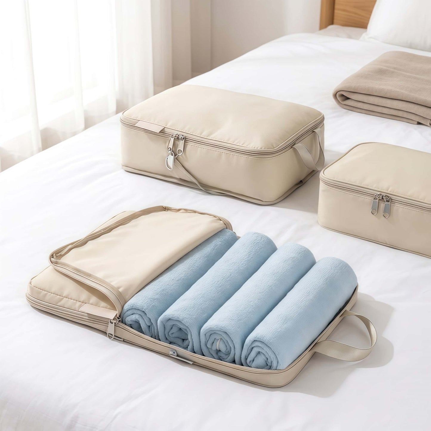 7-Piece Compression Packing Cubes Set for Travel, Water-Resistant Luggage Organizers - Beige