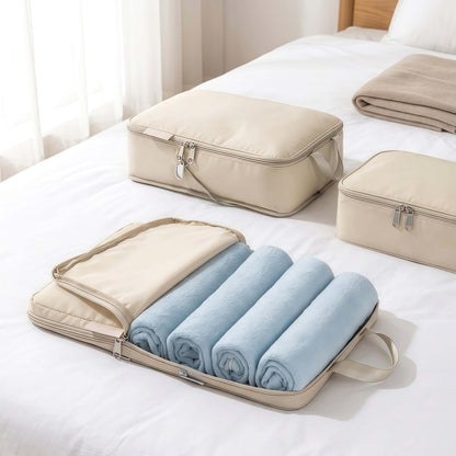 7-Piece Compression Packing Cubes Set for Travel, Water-Resistant Luggage Organizers - Beige