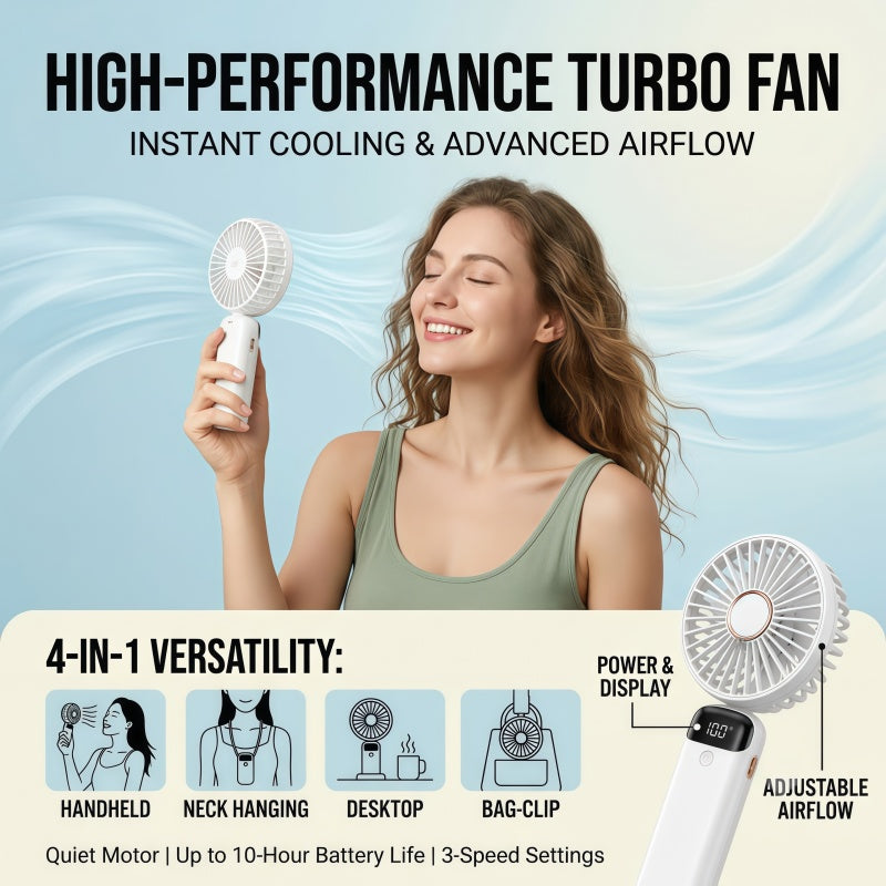Portable Handheld Fan – 10000mAh USB-C Rechargeable Mini Fan with Smart LED Display, 5 Speeds, 90° Foldable Neck & Aroma Diffuser