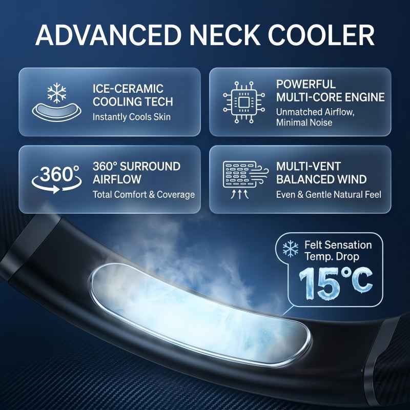 Portable Neck Fan with LED Light, 360° Airflow Ceramic Ice Cooling, 5 Speeds, 4000mAh Rechargeable Wearable Personal Fan