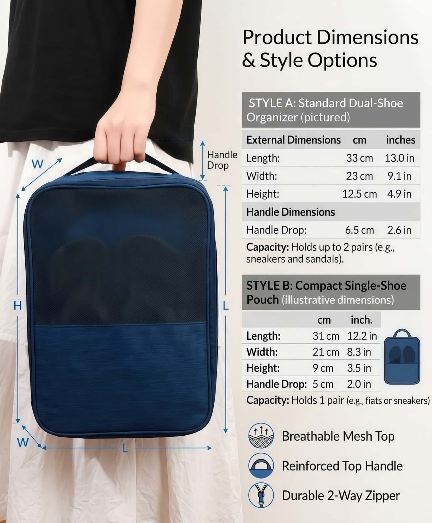3-Layer Travel Shoe Bag Organizer with Luggage Strap, Water-Resistant Shoe Pouch for Men & Women