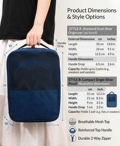 3-Layer Travel Shoe Bag Organizer with Luggage Strap, Water-Resistant Shoe Pouch for Men & Women