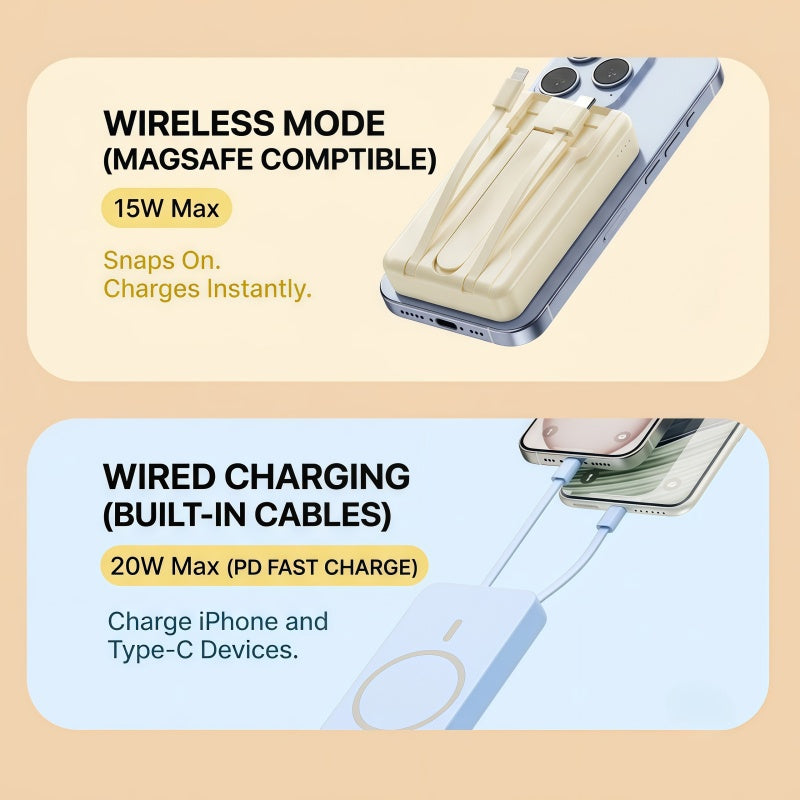 10000mAh Magnetic Power Bank with Built-in Cables & Foldable Kickstand – 22.5W Fast Charging Wireless Portable Charger