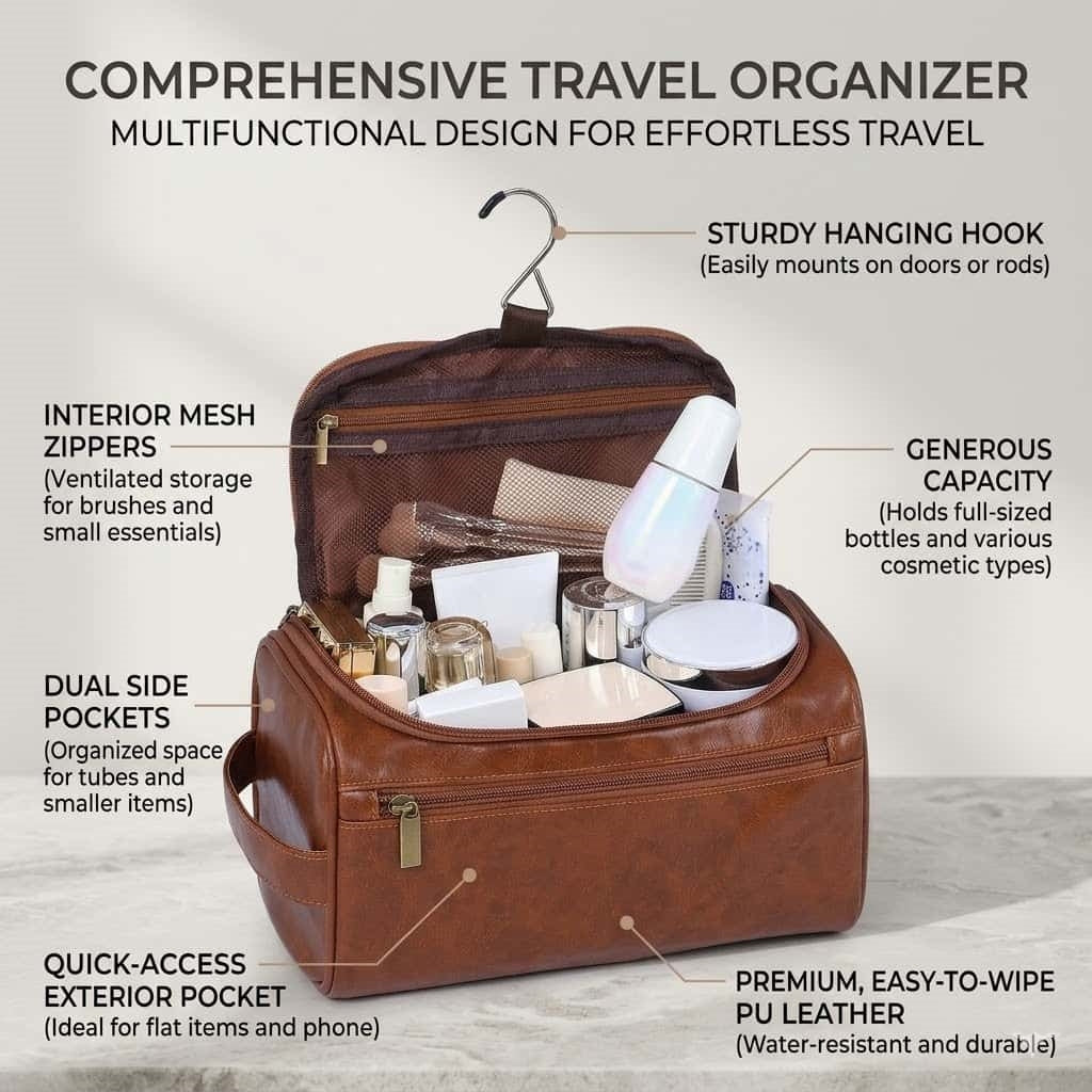 Large Capacity Hanging Toiletry Bag - Water-Resistant PU Leather Travel Organizer, 9.8" x 5.5" x 5.1"