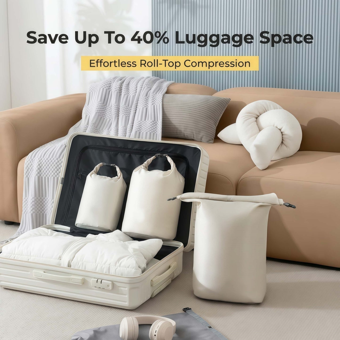 3-Piece Roll-Top Travel Compression Bag Set, No-Pump Space Saver Packing Organizers, Water-Resistant