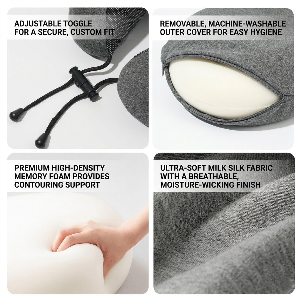 Ergonomic Memory Foam Travel Neck Pillow with Integrated Light-Blocking Hood & Compact Pouch