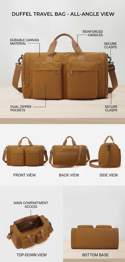 Foldable Travel Duffel Bag with Shoe Compartment & Wet Pocket, Water-Resistant Nylon Weekender Gym Bag