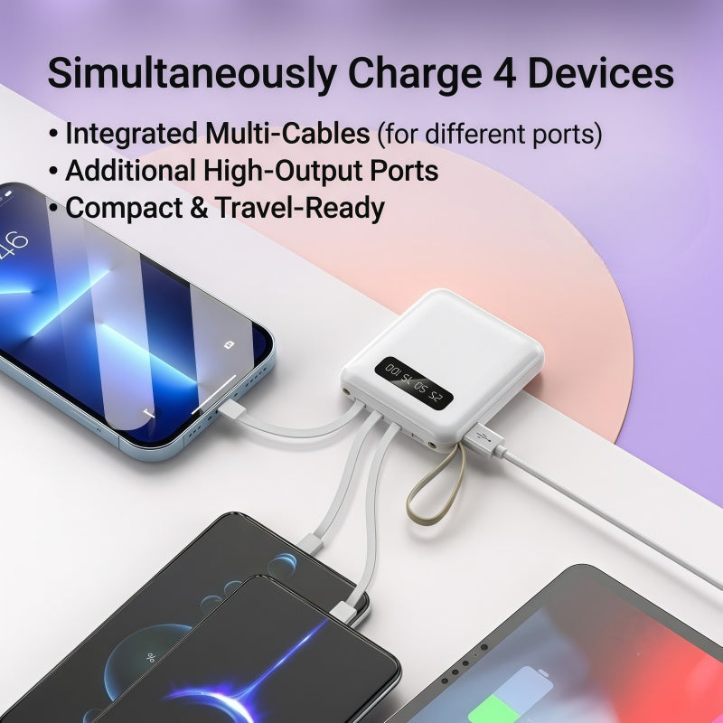 10,000mAh Ultra-Compact Portable Power Bank with 4-in-1 Built-in Cables & Dual LED Flashlight