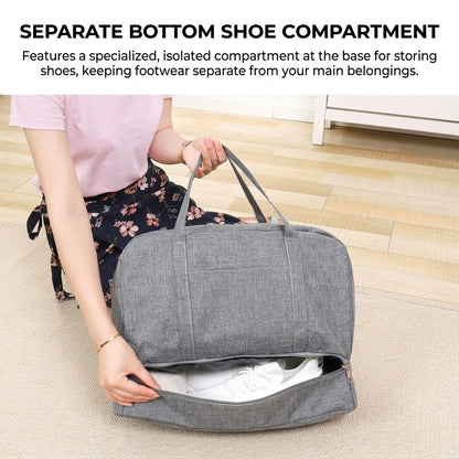 Water-Resistant Travel Duffel Bag with Wet/Dry Pocket & Shoe Compartment - Gray