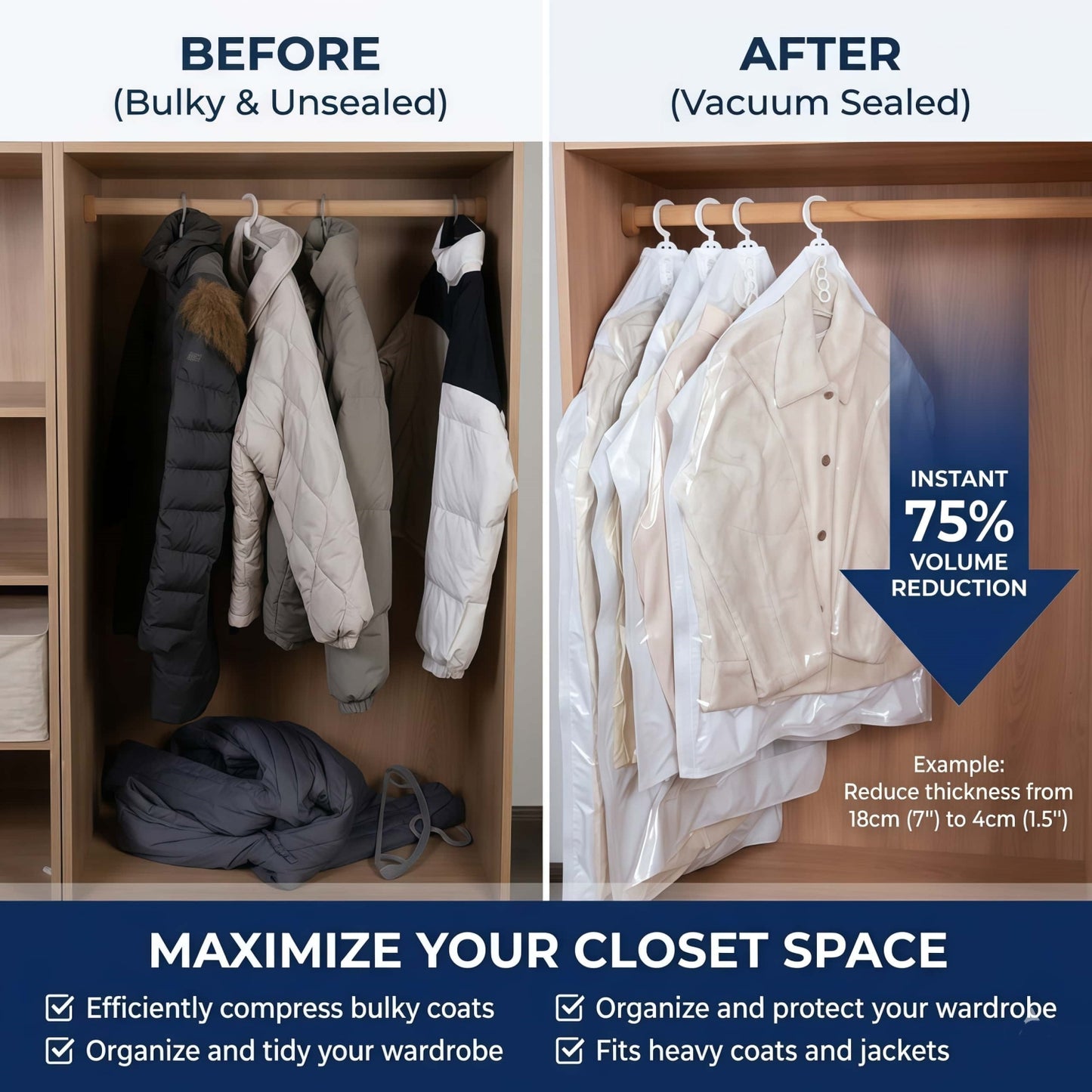 Heavy-Duty Hanging Vacuum Storage Bags for Closet Organization, Clear Space Saving Garment Bags with Hook