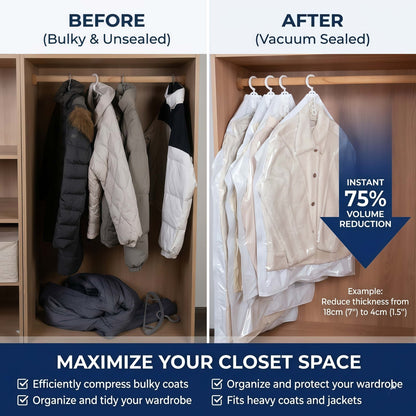 Heavy-Duty Hanging Vacuum Storage Bags for Closet Organization, Clear Space Saving Garment Bags with Hook
