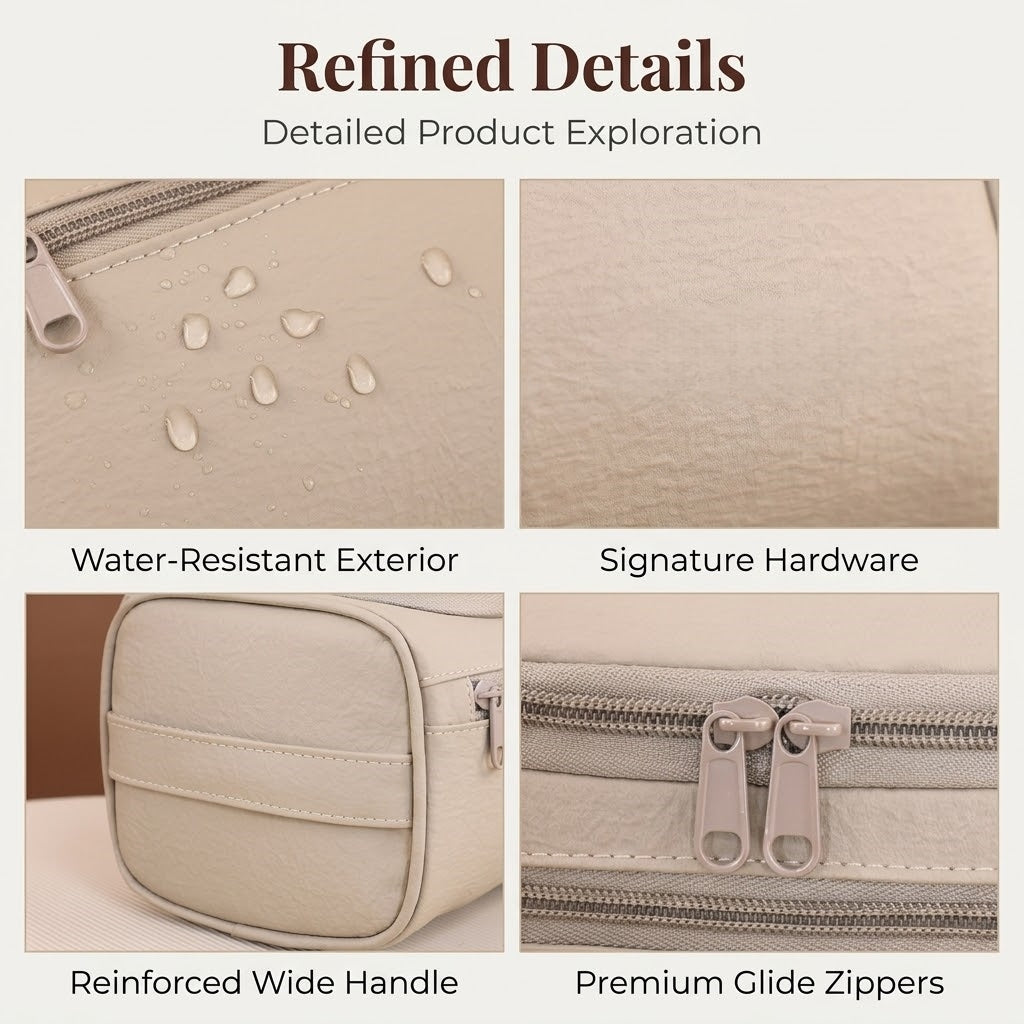 Vegan Leather Hanging Toiletry Bag - Water-Resistant Travel Cosmetic Organizer Case