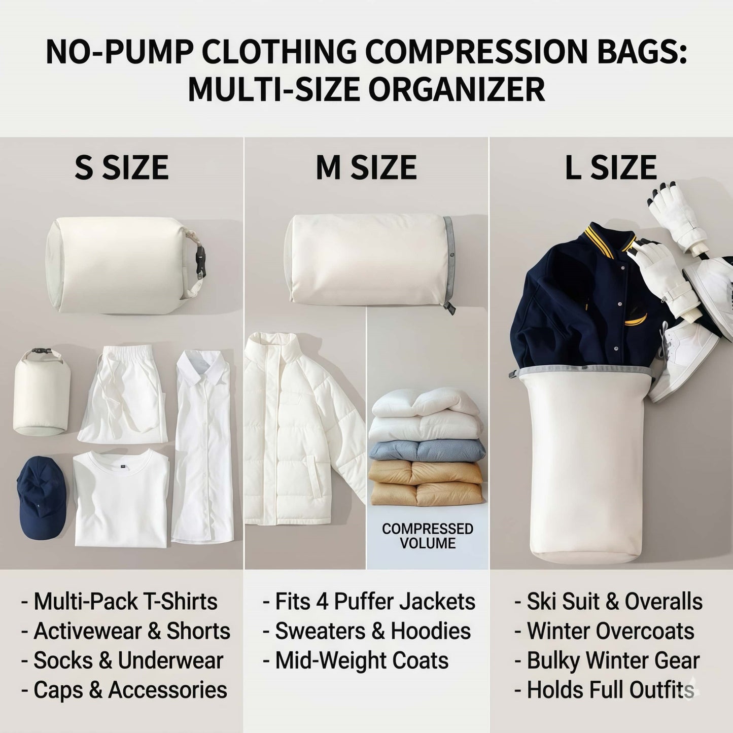 3-Piece Roll-Top Travel Compression Bag Set, No-Pump Space Saver Packing Organizers, Water-Resistant