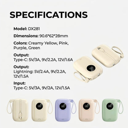 PD 20W Mini Portable Power Bank with Built-in Cable, LED Display & 3-Device Simultaneous Fast Charging
