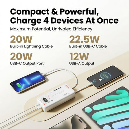 20000mAh Portable Power Bank with Built-in USB-C & Lightning Cables, 22.5W Fast Charging External Battery Pack with LED Digital Display