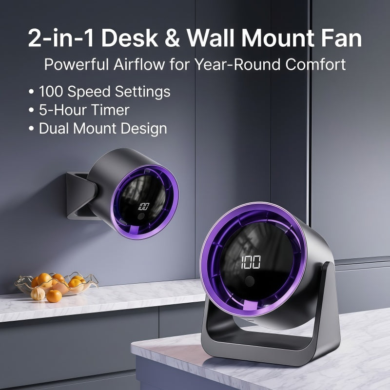 2-in-1 Turbo Desk & Wall Mount Personal Cooling Fan – Smart LED Display, 100 Speed Settings & 180° Vertical Tilt