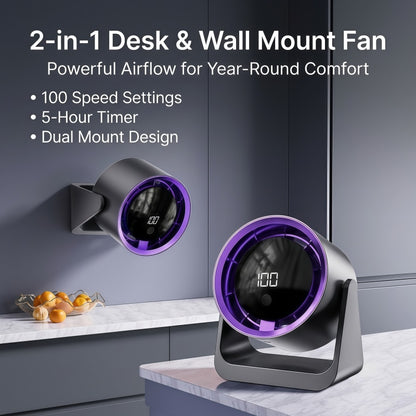 2-in-1 Turbo Desk & Wall Mount Personal Cooling Fan – Smart LED Display, 100 Speed Settings & 180° Vertical Tilt