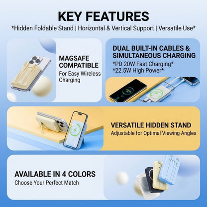 10000mAh Magnetic Power Bank with Built-in Cables & Foldable Kickstand – 22.5W Fast Charging Wireless Portable Charger