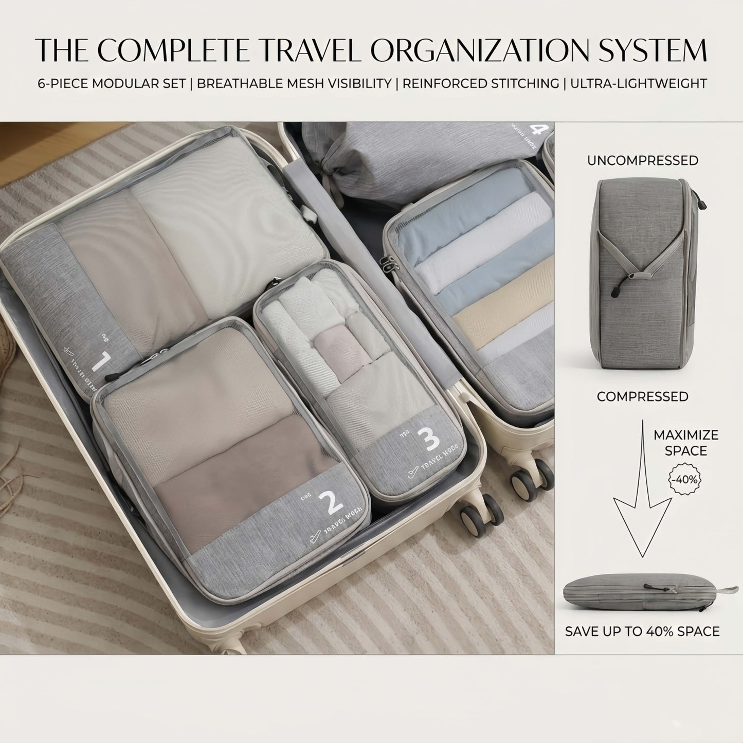 6-Piece Compression Packing Cubes Set for Travel, Lightweight Luggage Organizer Bags