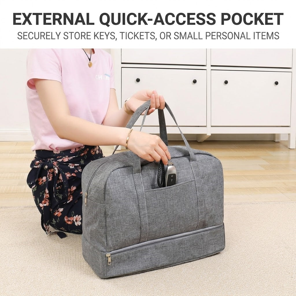 Water-Resistant Travel Duffel Bag with Wet/Dry Pocket & Shoe Compartment - Gray