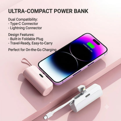 Mini Portable Power Bank – Direct-Plug Ultra-Compact Charger with Built-In Cables (USB-C & Lightning Compatible)