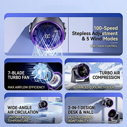 2-in-1 Turbo Desk & Wall Mount Personal Cooling Fan – Smart LED Display, 100 Speed Settings & 180° Vertical Tilt