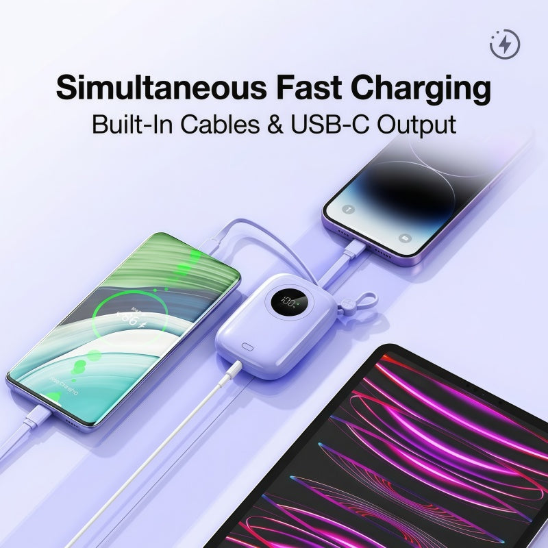 PD 20W Mini Portable Power Bank with Built-in Cable, LED Display & 3-Device Simultaneous Fast Charging