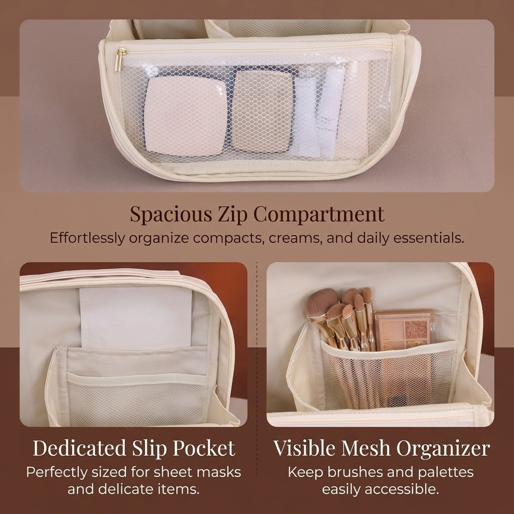 Premium Leather Travel Cosmetic Case with Magnetic Closure and Trolley Sleeve - Multi-Compartment Organizer