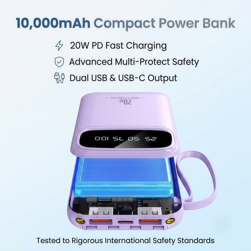 20W PD Fast Charging Portable Power Bank with Built-in Cables, LED Display & Flashlight