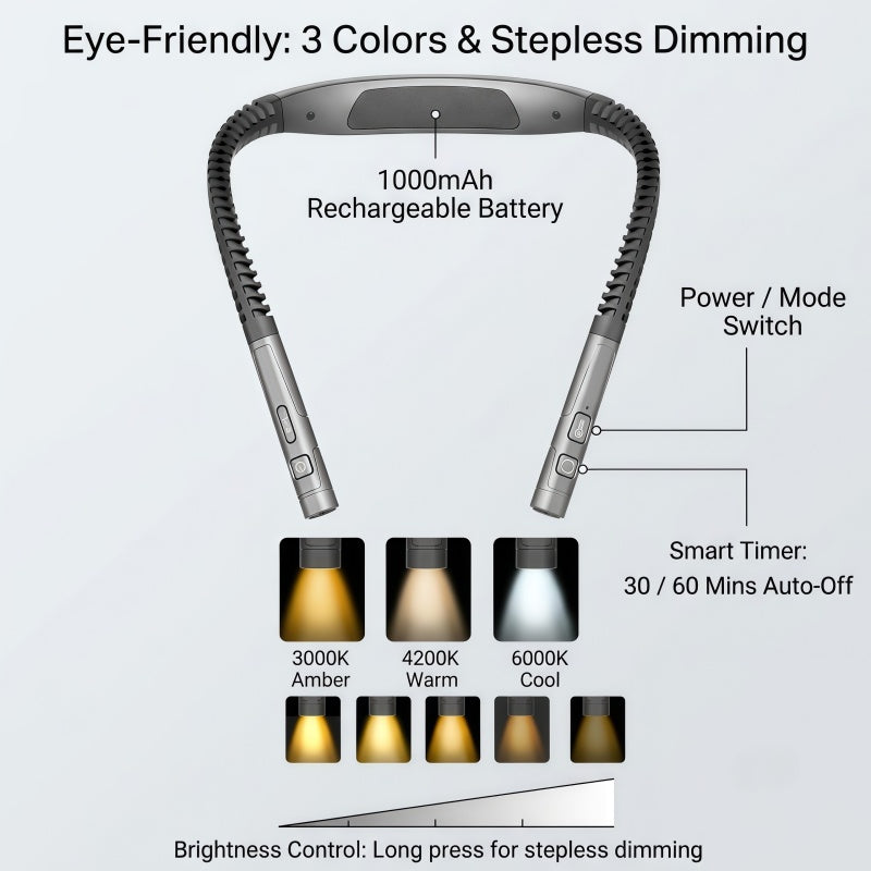 LED Neck Reading Light – Rechargeable Wearable Book Light with 3 Color Modes, Stepless Dimming & Auto-Off Timer