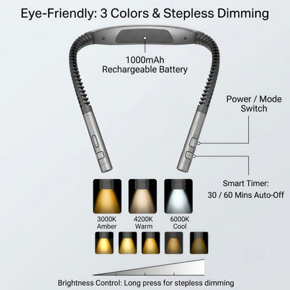 LED Neck Reading Light – Rechargeable Wearable Book Light with 3 Color Modes, Stepless Dimming & Auto-Off Timer
