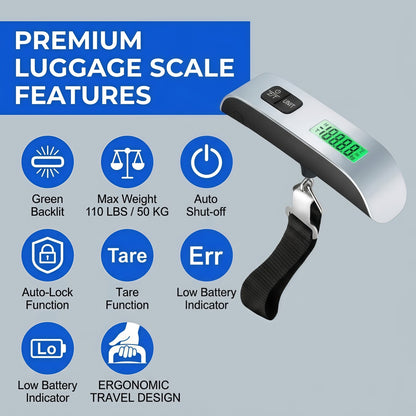 Portable Digital Luggage Scale for Travel, 110 lbs / 50 kg Capacity, Backlit LCD Display with Tare Function & Temperature Sensor