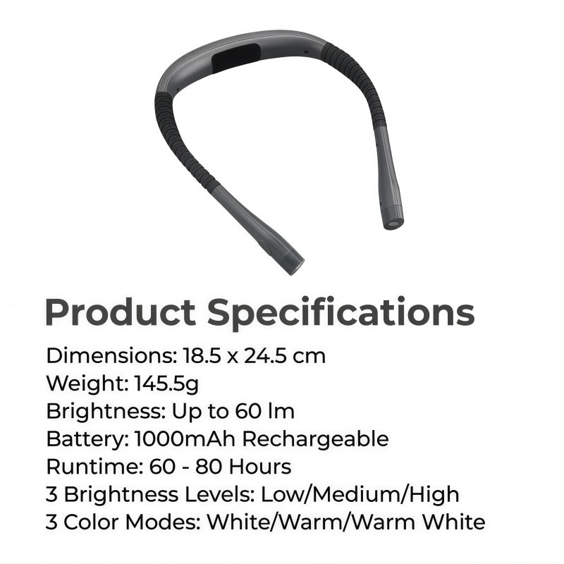 Rechargeable LED Neck Reading Light – 3 Color Modes, 3 Brightness Levels, Flexible Silicone Arms