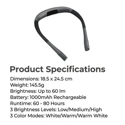 Rechargeable LED Neck Reading Light – 3 Color Modes, 3 Brightness Levels, Flexible Silicone Arms