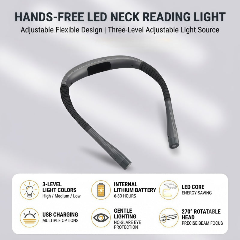 Rechargeable LED Neck Reading Light – 3 Color Modes, 3 Brightness Levels, Flexible Silicone Arms