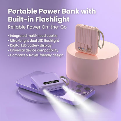 10,000mAh Ultra-Compact Portable Power Bank with 4-in-1 Built-in Cables & Dual LED Flashlight