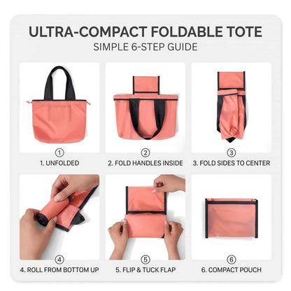Foldable Reusable Shopping Tote Bag with Drawstring Closure, Water-Repellent Nylon