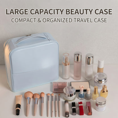 Large Travel Makeup Case Organizer with Built-in Mirror, Dual-Compartment PU Leather Cosmetic Bag with Brush Holders - Blue