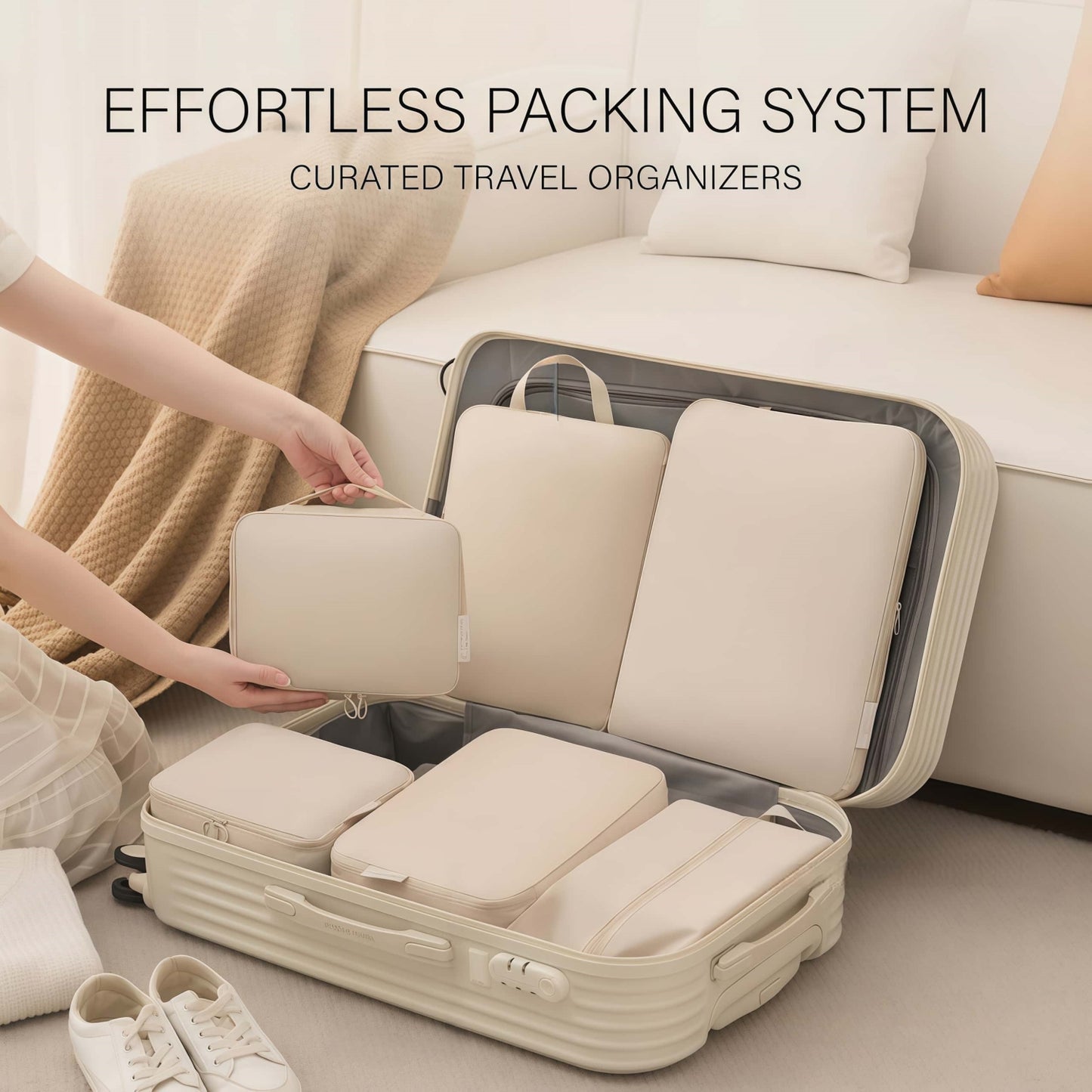 6-Piece Compression Packing Cubes Set - Water-Resistant Travel Luggage Organizers with Shoe Bag - Khaki