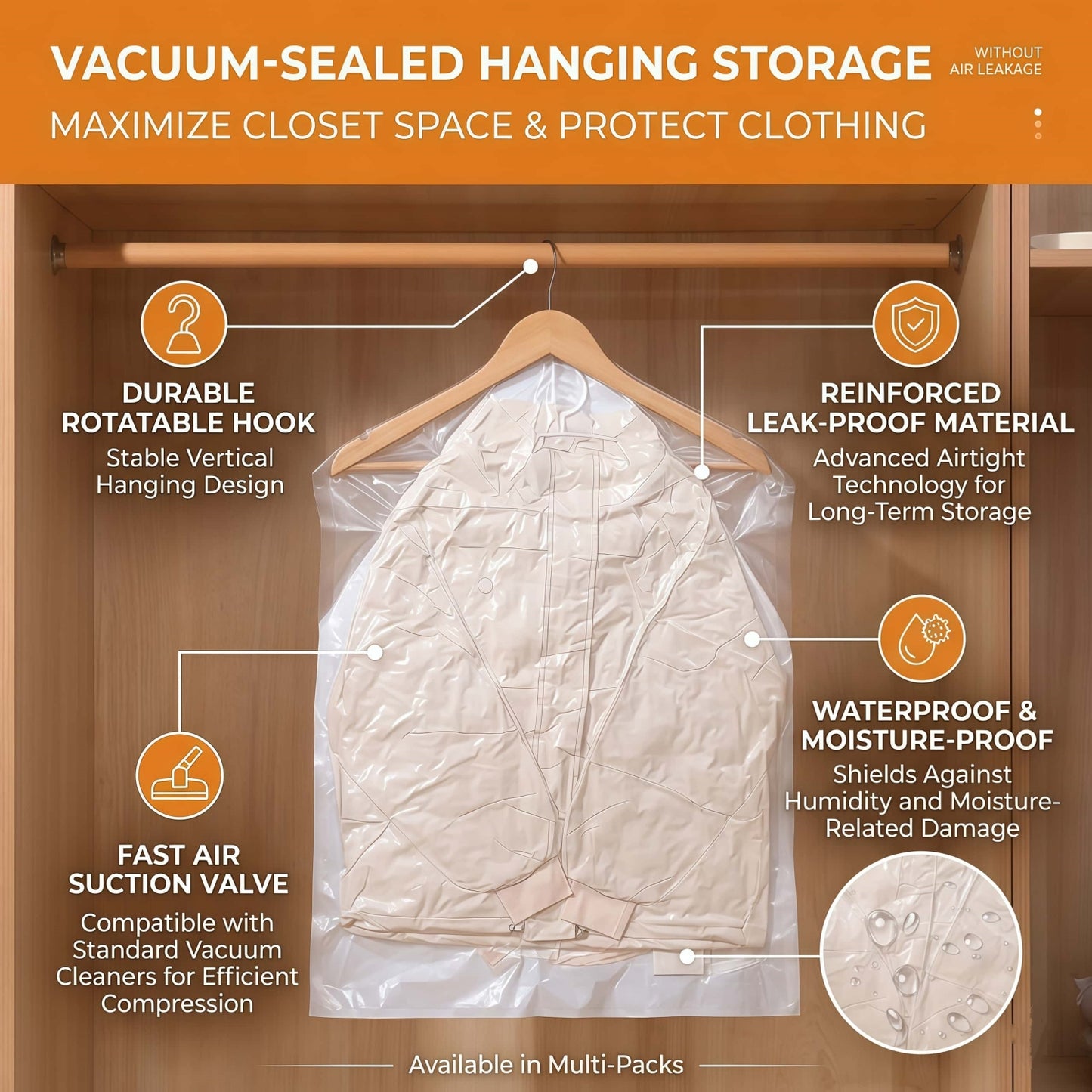 Heavy-Duty Hanging Vacuum Storage Bags for Closet Organization, Clear Space Saving Garment Bags with Hook