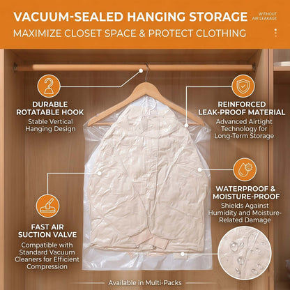 Heavy-Duty Hanging Vacuum Storage Bags for Closet Organization, Clear Space Saving Garment Bags with Hook