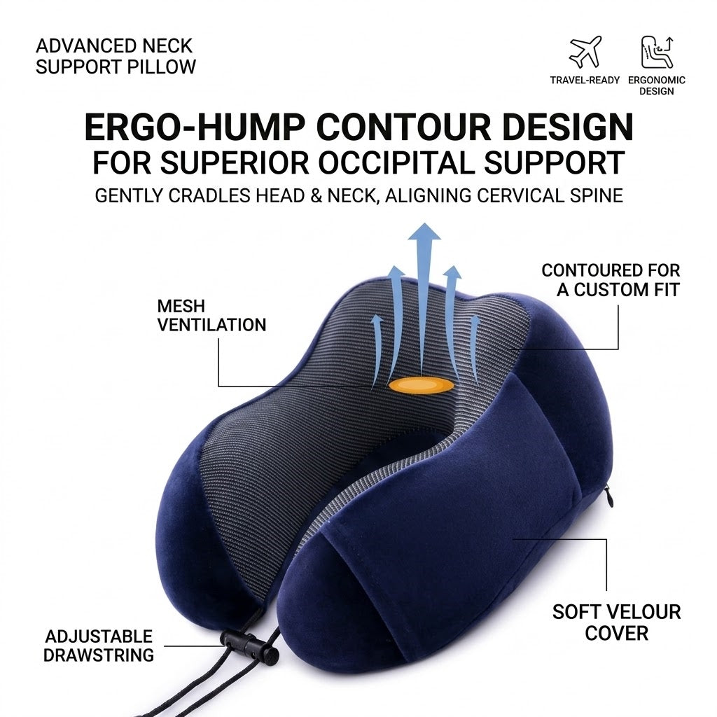 Ergonomic Memory Foam Travel Neck Pillow with Integrated Light-Blocking Hood & Compact Pouch