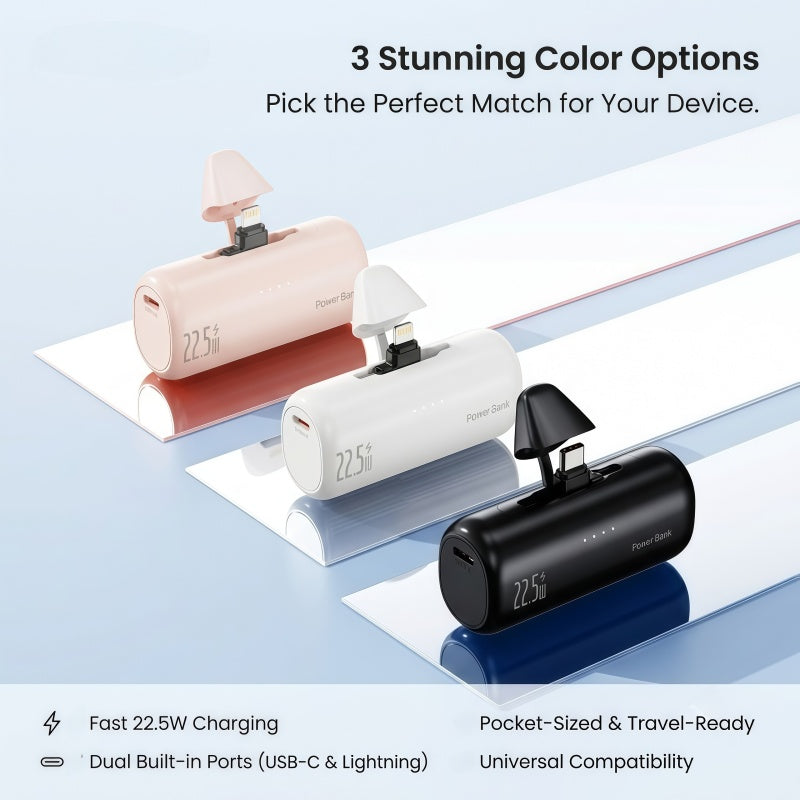 22.5W Ultra-Compact Mini Power Bank with Built-in Lightning & USB-C Connectors