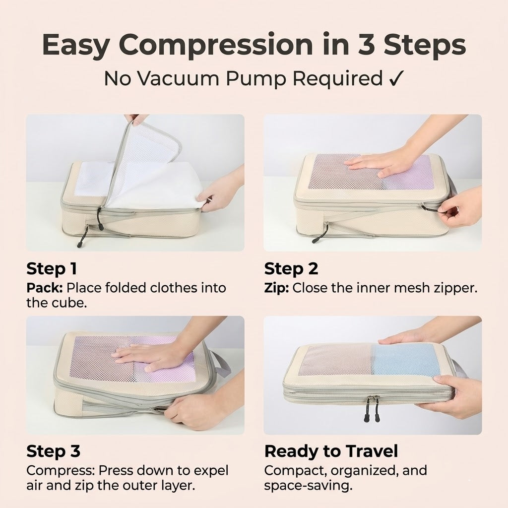Compression Packing Cubes Set for Travel Luggage - Water-Repellent Organizers with Shoe Bags & Pouches