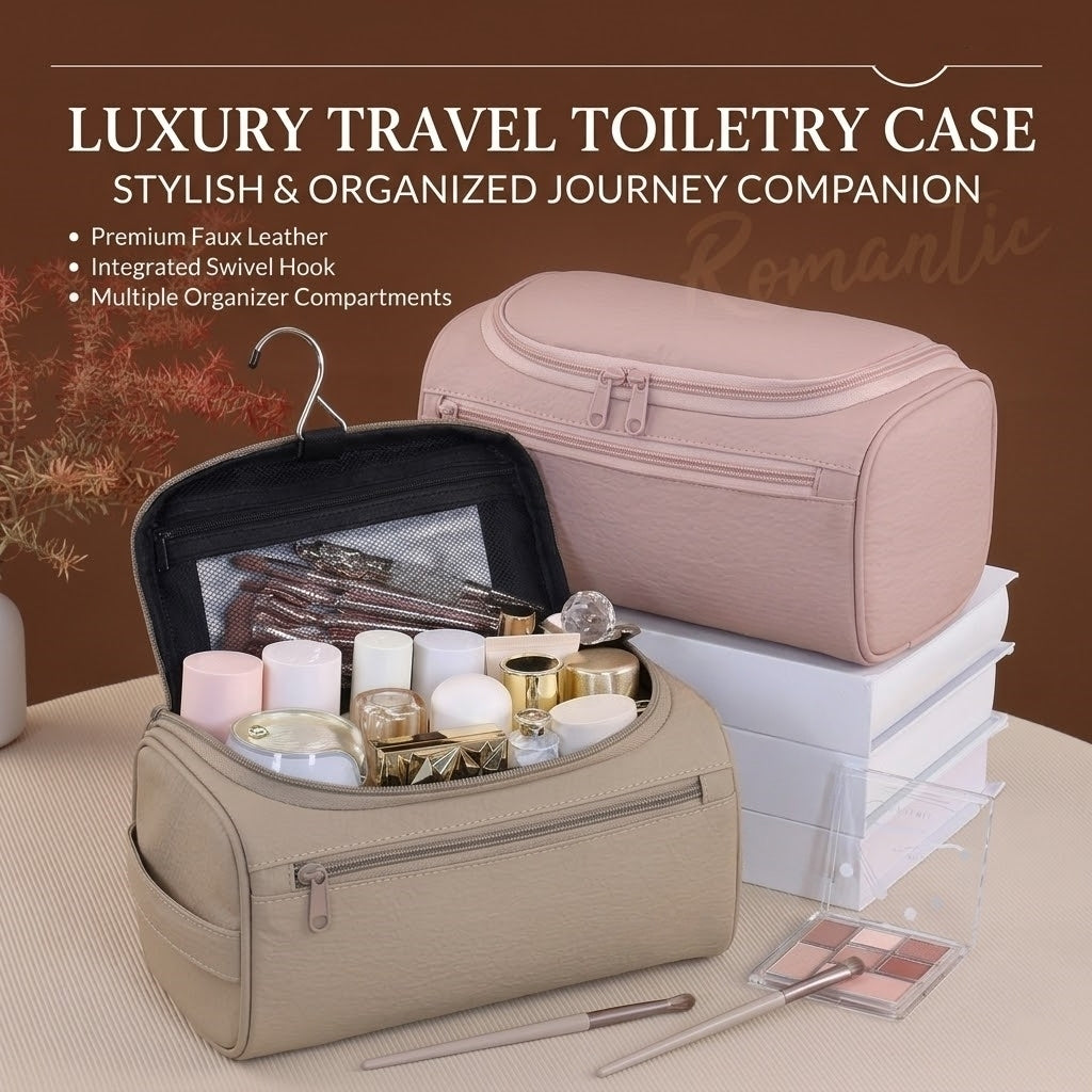 Vegan Leather Hanging Toiletry Bag - Water-Resistant Travel Cosmetic Organizer Case