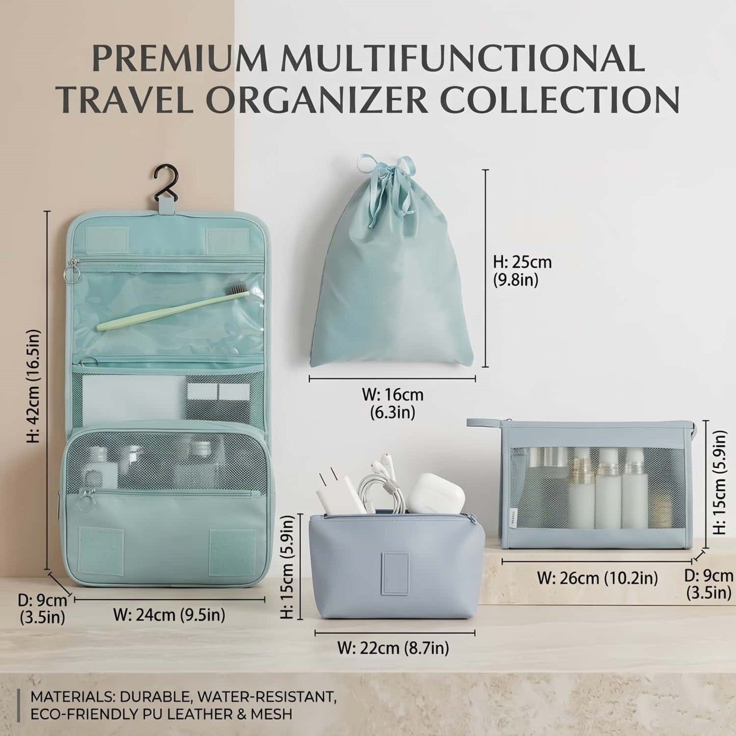 Water-Resistant Travel Packing Cubes Set - Luggage Organizers with Hanging Toiletry Bag & Shoe Pouches