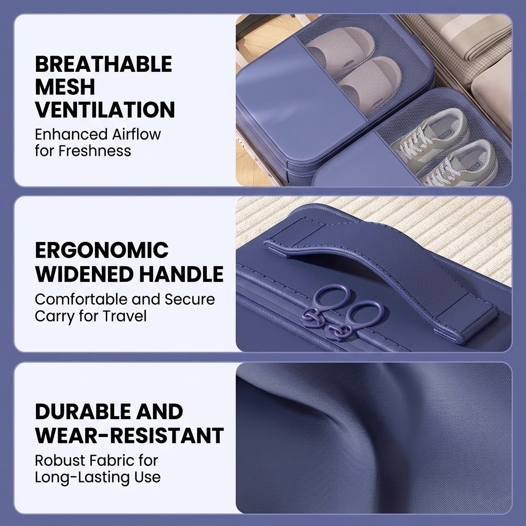 Dual-Layer Travel Shoe Organizer Bag - Water-Repellent Portable Packing Cube with Trolley Sleeve - Blue