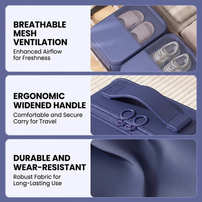 Dual-Layer Travel Shoe Organizer Bag - Water-Repellent Portable Packing Cube with Trolley Sleeve - Blue