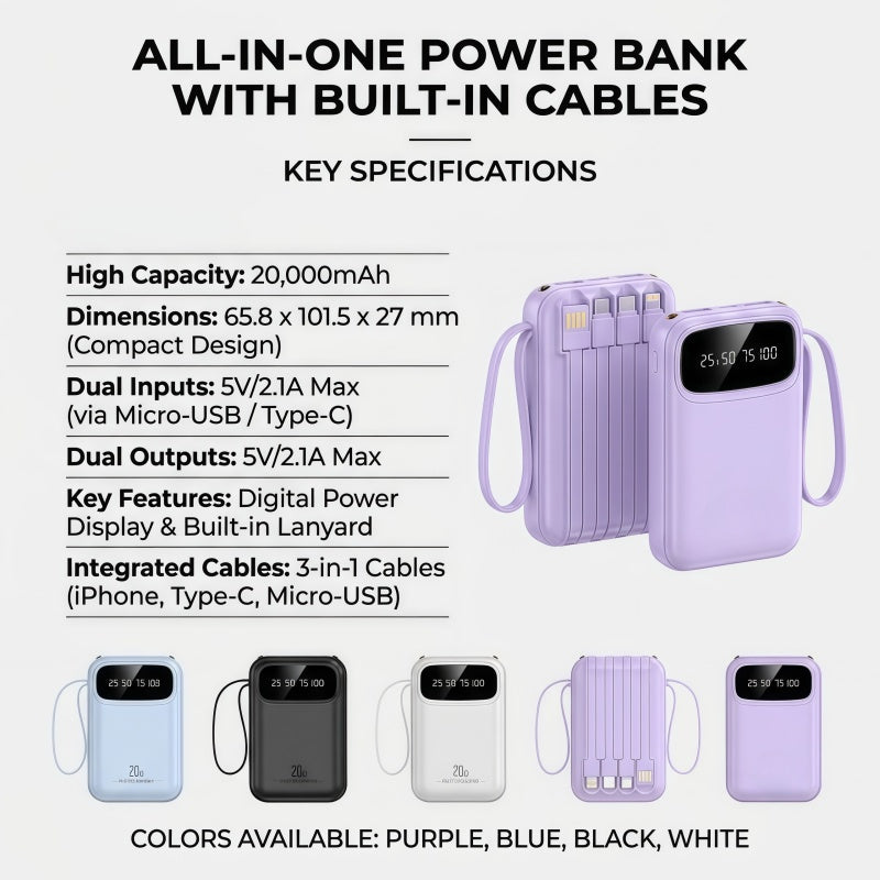 20W PD Fast Charging Portable Power Bank with Built-in Cables, LED Display & Flashlight